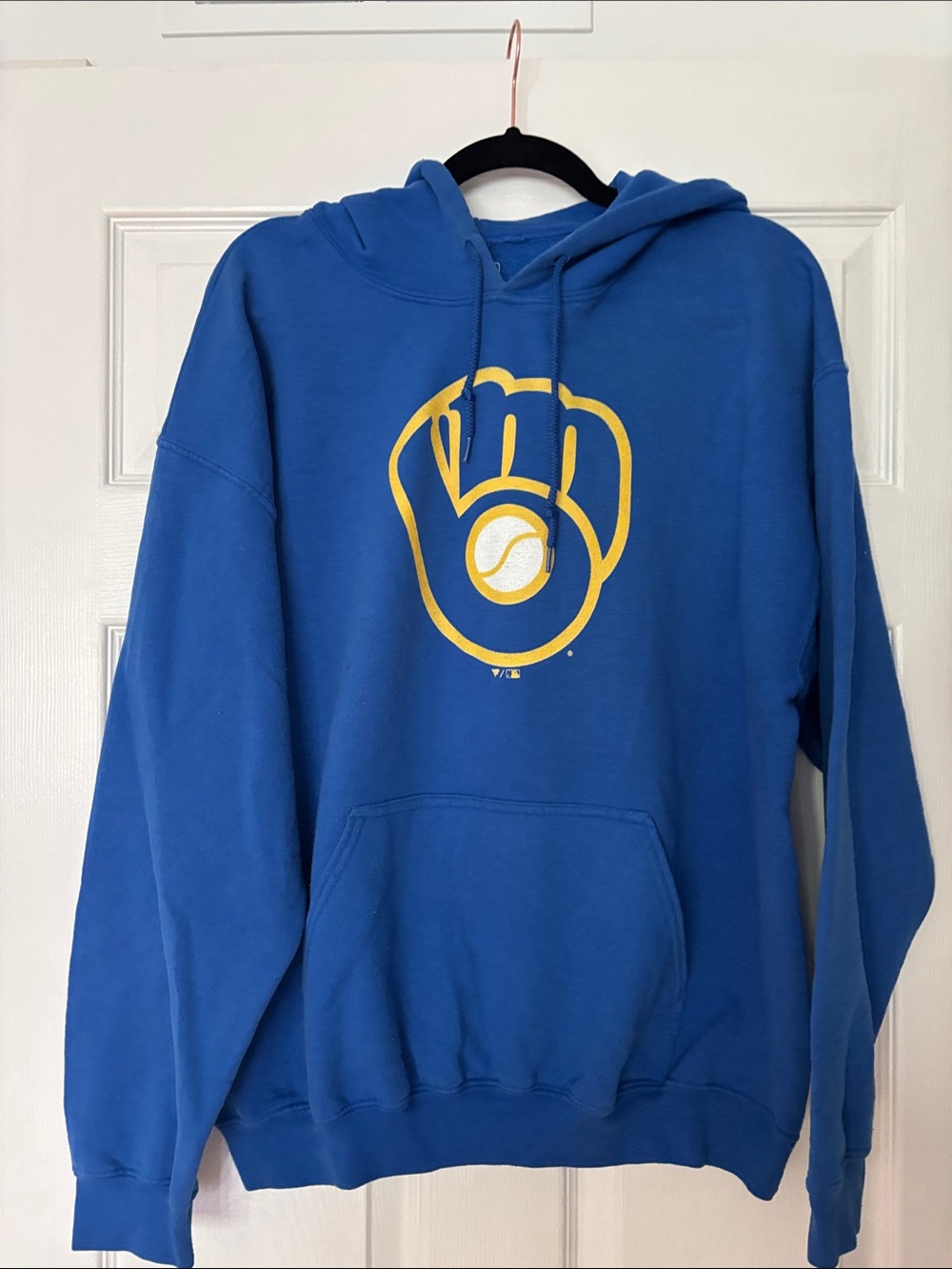Majestic Brewers Blue Hoodie with Yellow Glove Logo